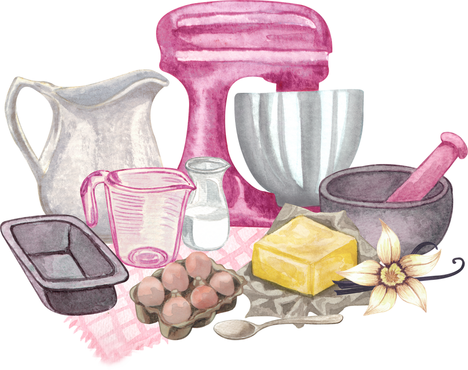 Baking watercolor set with kitchen utensils, mixer, chocolate, potholders, spoon, clay jag, whisk on white background. Cooking clipart. Baking illustration